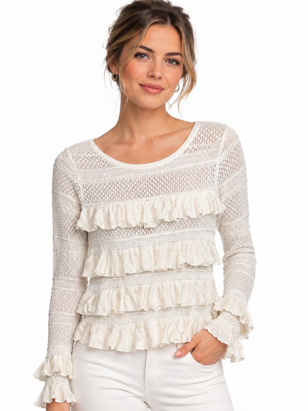 Anthropologie New With Tags Tiered Lace Sweater XS Ruffle Sleeve Fairy Coquette